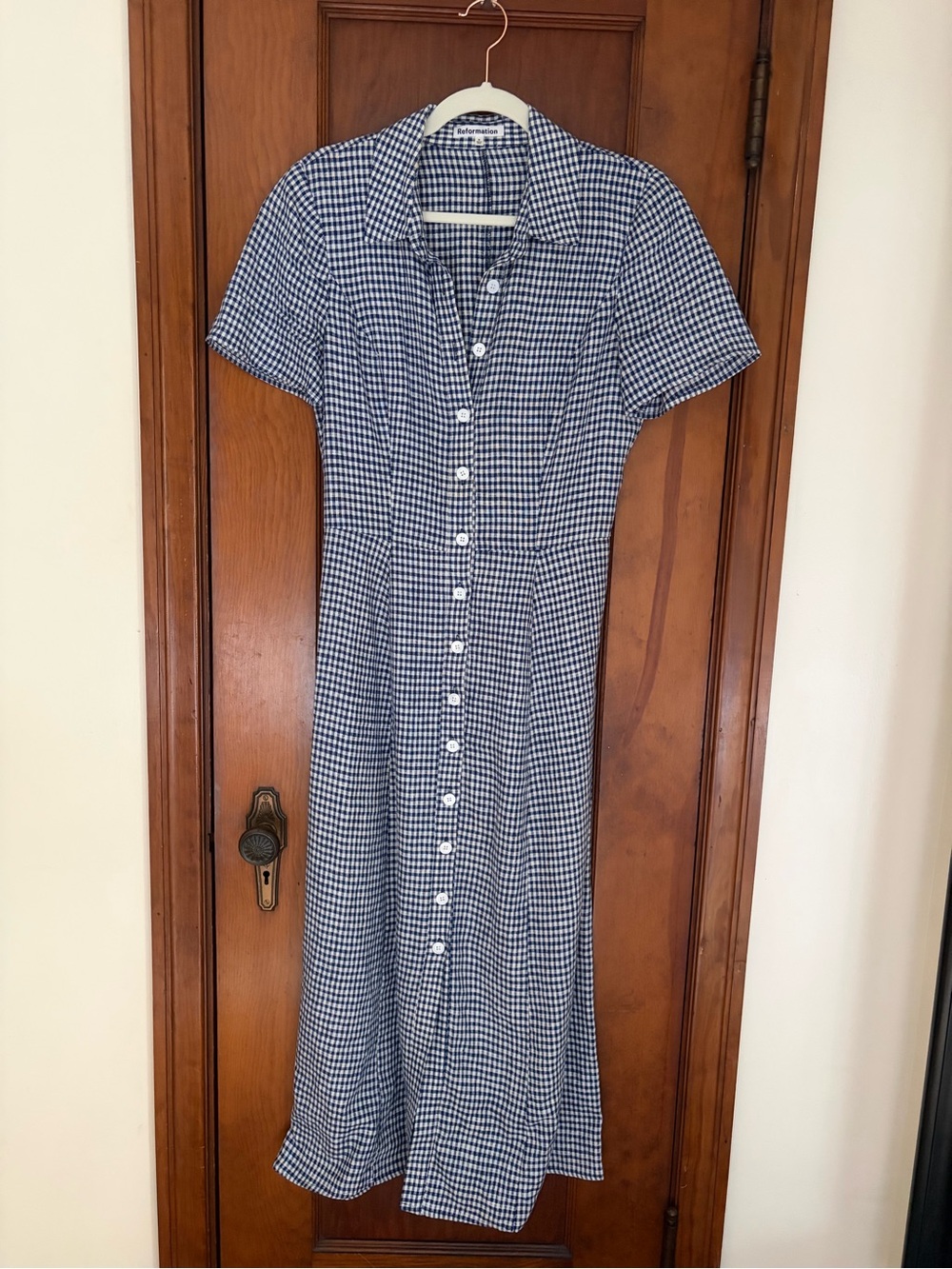 Reformation Navy & White Gingham Linen Shirt Dress - Picture 2 of 5